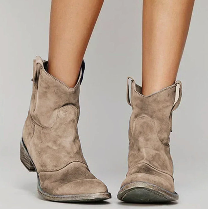 Damen Wildleder Westernstiefel mit niedrigem Absatz für stilvollen Komfort 1