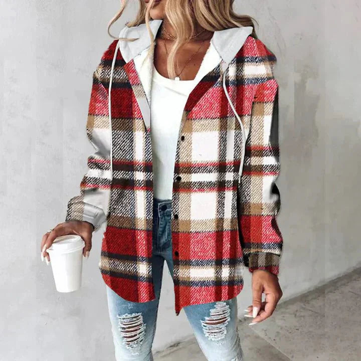 Damen Winter Hoodie Jacke mit Karo Muster Komfortable Freizeitjacke 0