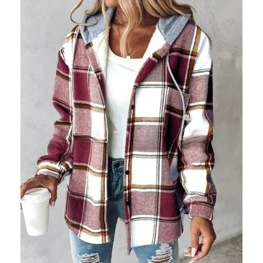 Damen Winter Hoodie Jacke mit Karo Muster Komfortable Freizeitjacke 1