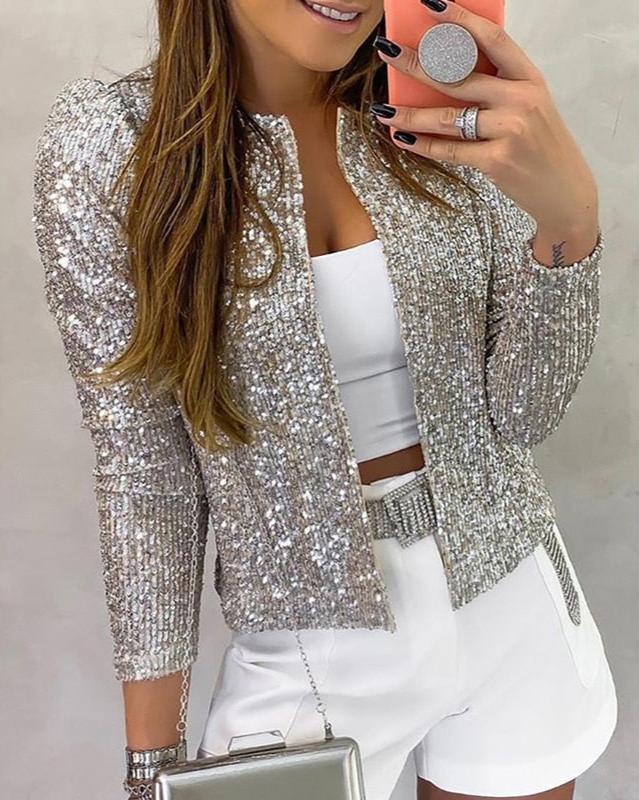 Damen Winterjacke Glitzernd Offene Front Elegante Übergangsjacke 3