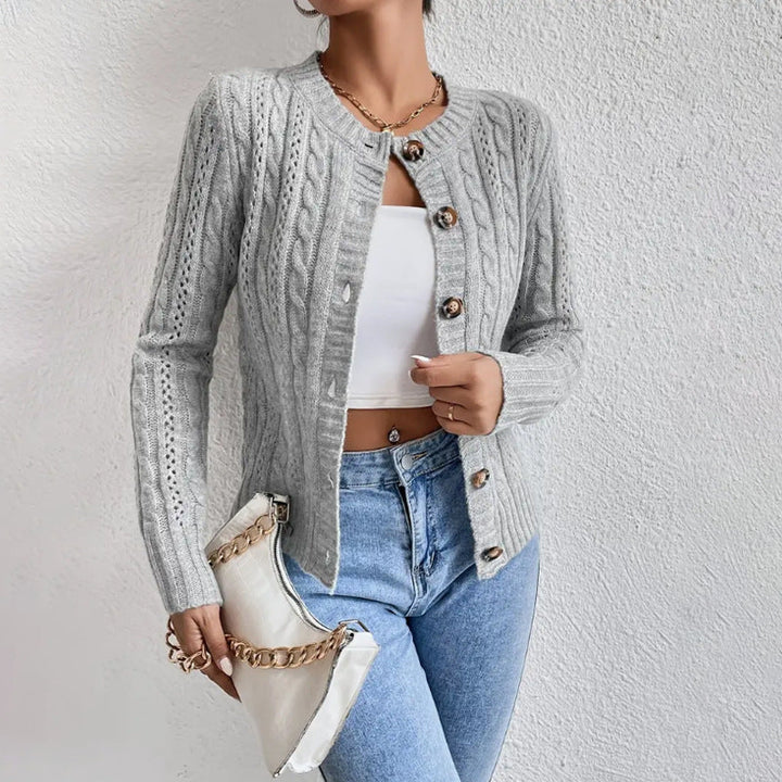 Damen Zopfmuster Strickjacke mit Knopfleiste Elegante Warme Jacke für Alltag und Büro 0