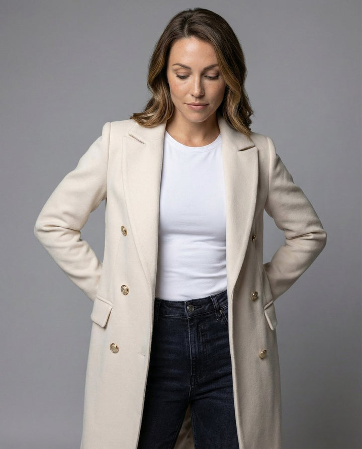 Damen Zweireihiger Langer Wintermantel Knielang mit Goldknöpfen Eleganter Schnitt 3