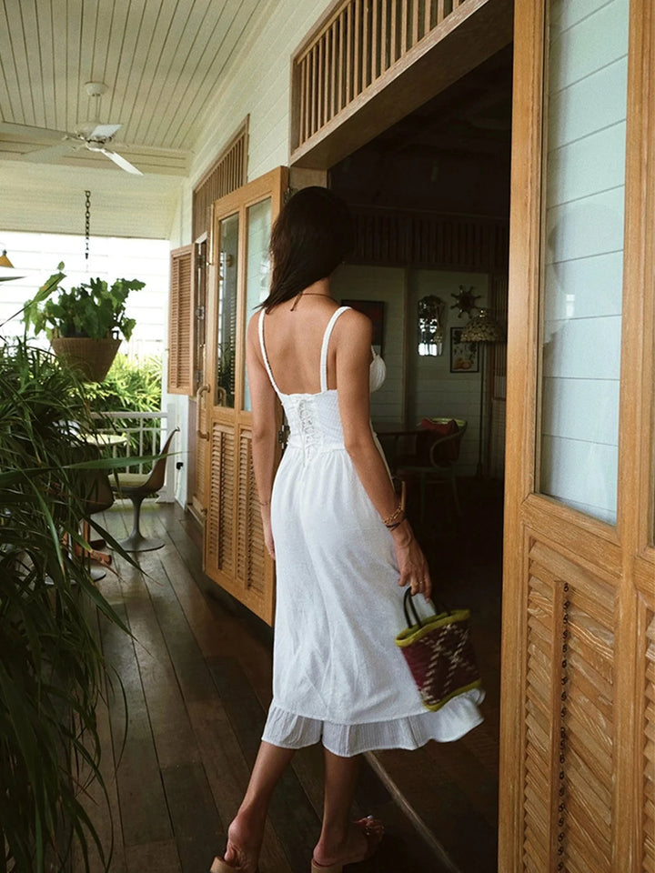 Damen ärmelloses Midi Kleid mit Knopfleiste und Rüschensaum 2