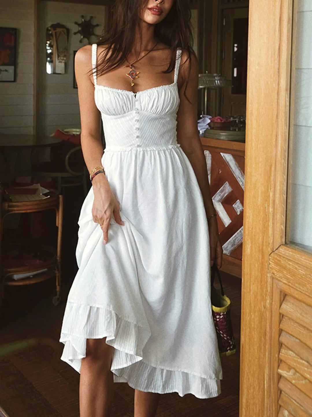 Damen ärmelloses Midi Kleid mit Knopfleiste und Rüschensaum 4