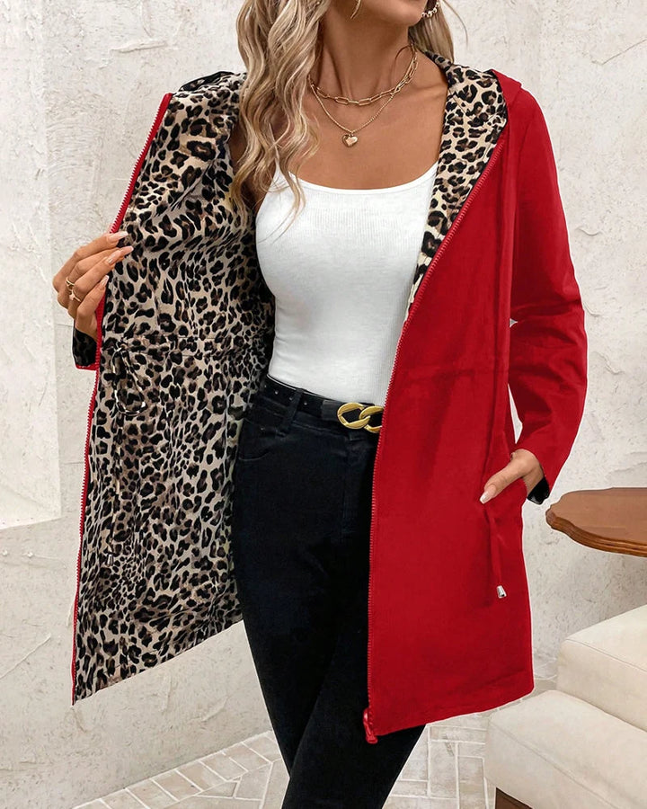 Damen wendbarer Mantel mit Kapuze und Leopardenmuster 0