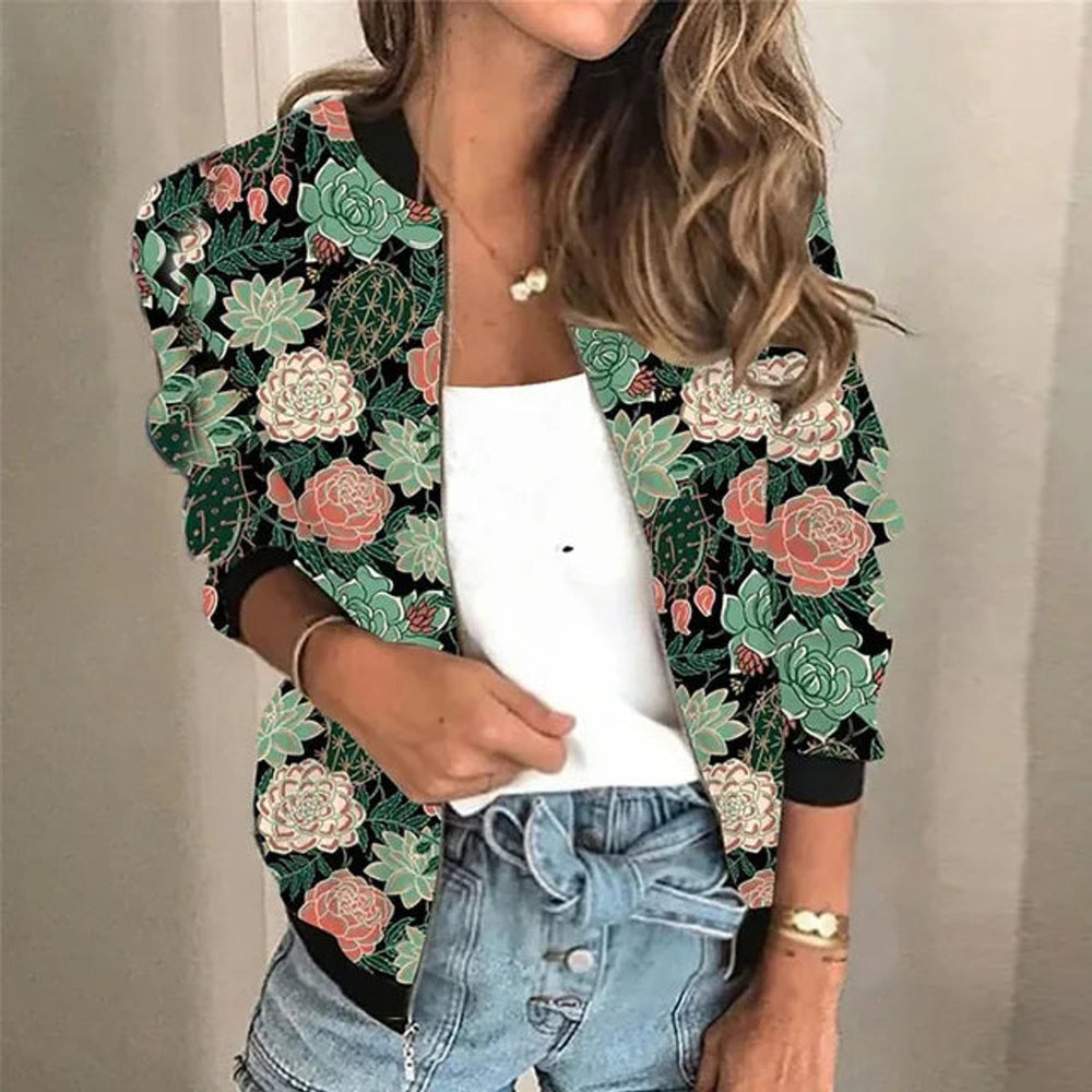 Damenjacke Winter Bomberjacke Mit Blumen-Print Vintage Stil Reißverschluss für Herbst und Winter 1