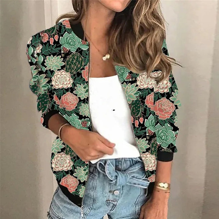 Damenjacke Winter Bomberjacke Mit Blumen-Print Vintage Stil Reißverschluss für Herbst und Winter 1