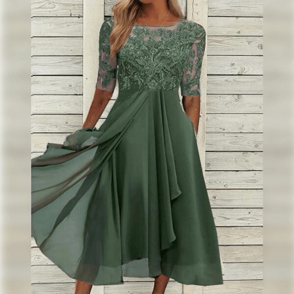 Elegant Aftenkjole med Blonder og 3/4 Ærmer til Festlige Anledninger 1