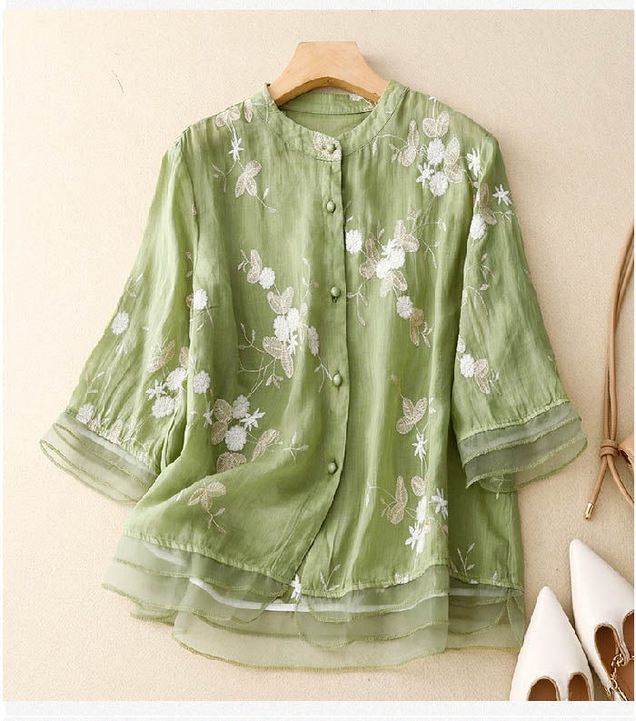 Elegant Bluse Med Blomsterbroderi Til Kvinder - Tidløs Stil og Komfort 0