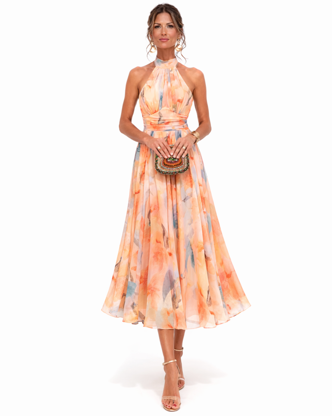 Elegant Halter-Neck Maxikjole med Akvarelmønster - Kjoler Tilbud Kvinder til Sommer 0