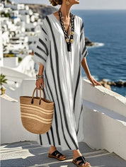 Elegant Kaftan-Kjole Til Sommerbrug - Afslappet Pasform, Middelhavsinspirerede Striber, Ideel Til Ferieudflugter 4