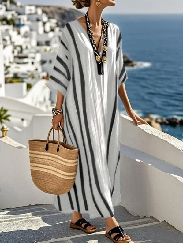 Elegant Kaftan-Kjole Til Sommerbrug - Afslappet Pasform, Middelhavsinspirerede Striber, Ideel Til Ferieudflugter 4