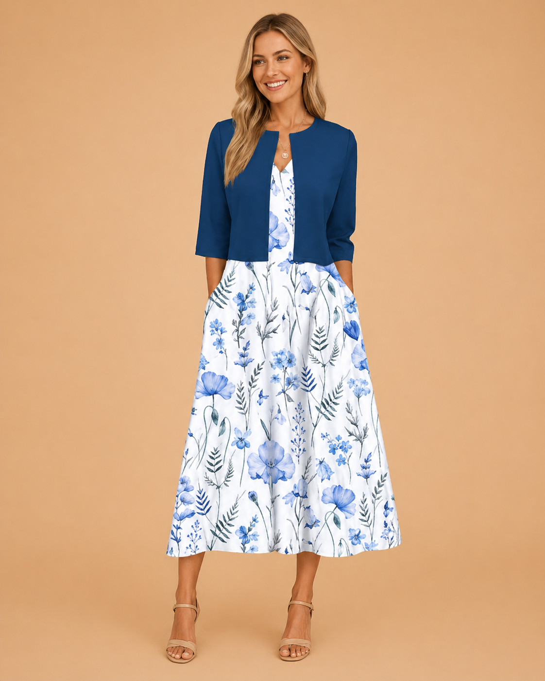Elegant Midi-blomstret Kjole til Kvinder - Perfekt til Sommerbegivenheder 2