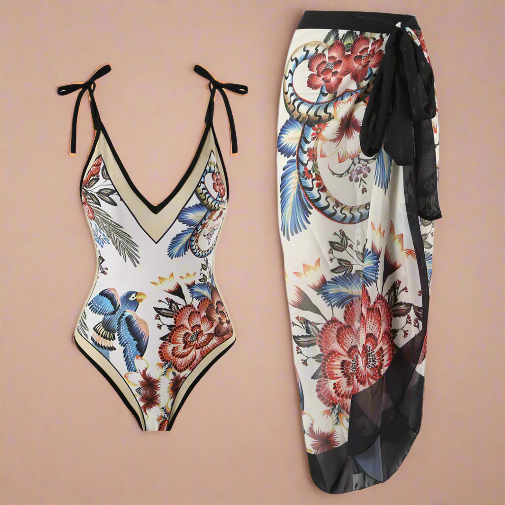 Elegant Strandsæt Med Blomster- Og Fuglemotiv Til Kvinder – Perfekt Til Strand- Og Poolfester 1