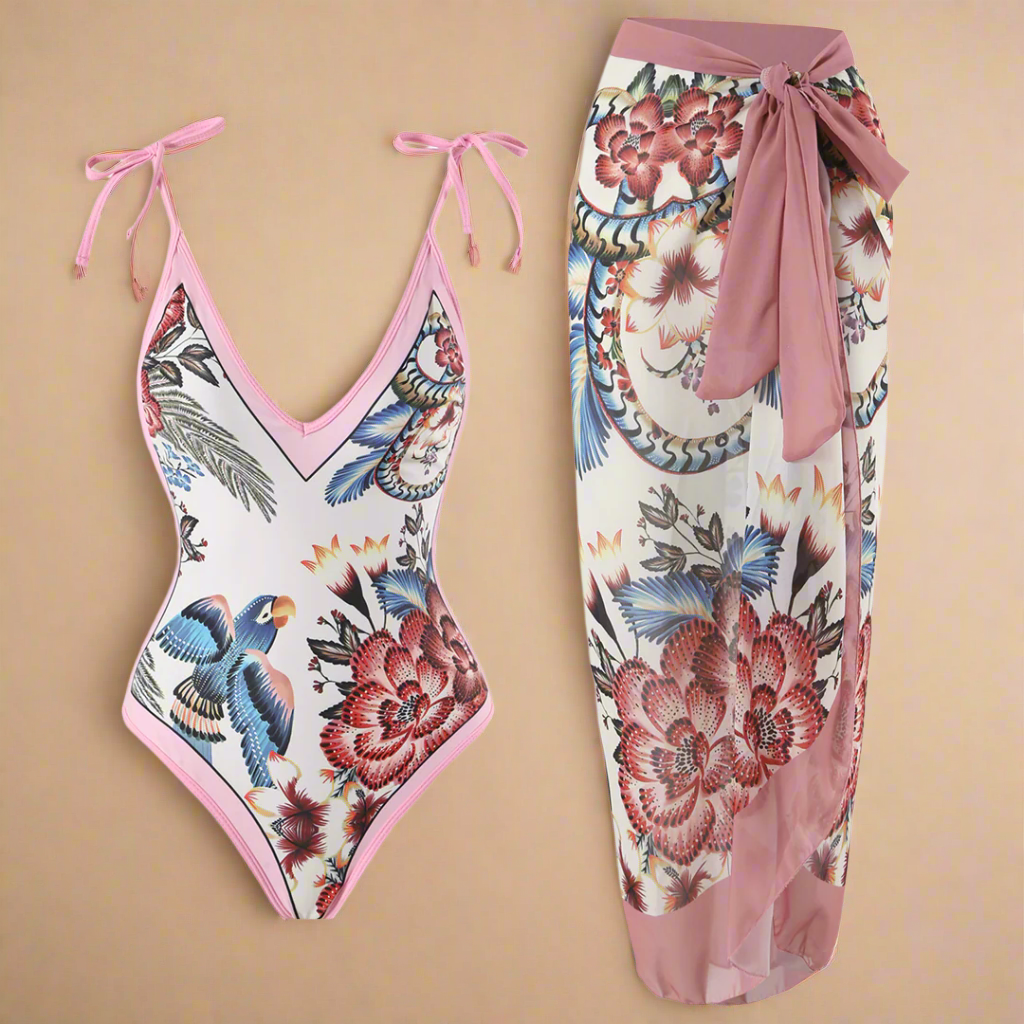 Elegant Strandsæt Med Blomster- Og Fuglemotiv Til Kvinder – Perfekt Til Strand- Og Poolfester 2