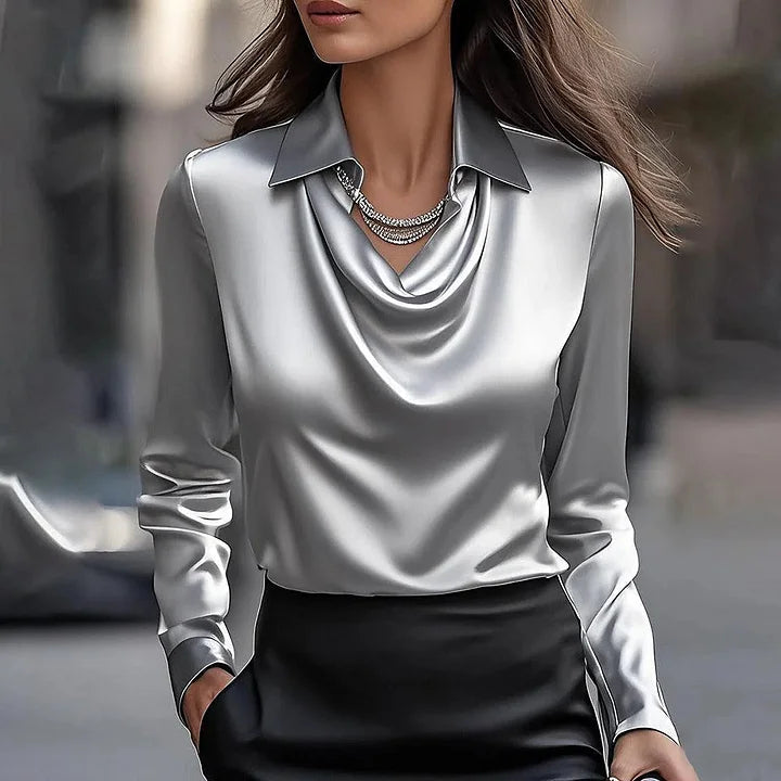 Elegant V-Hals Bluse Til Kvinder - Skinnende Finish, Alsidig Top Til Arbejde Og Aftenudgang 2