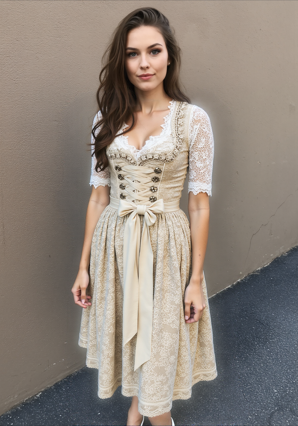 Elegantes Dirndlkleid im Vintage-Stil mit figurbetontem Schnürmieder und floralem Rock 1