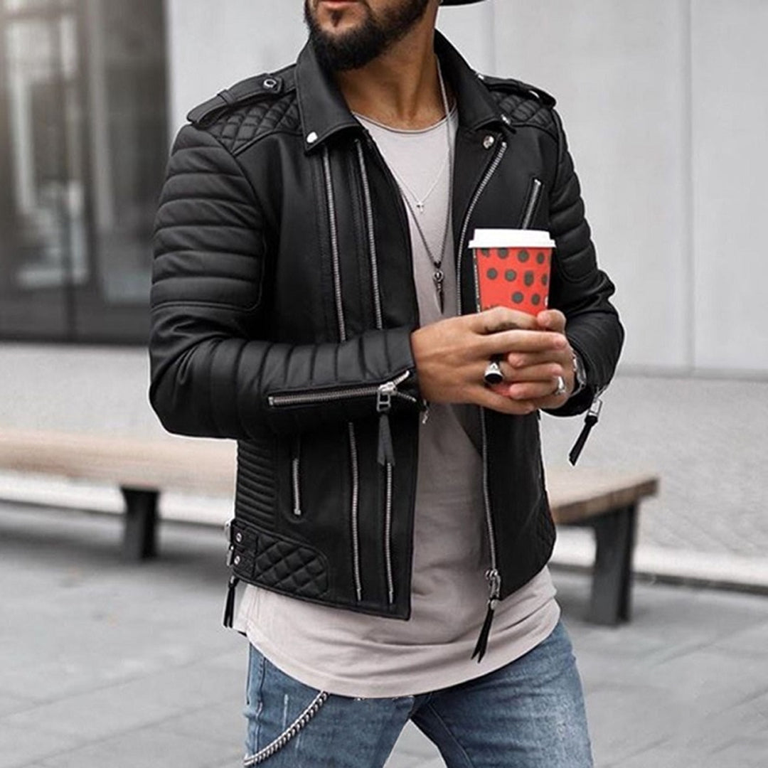 Herren Biker Lederjacke Gepolstert Steppoptik Reißverschluss Stylisch Komfortabel 0