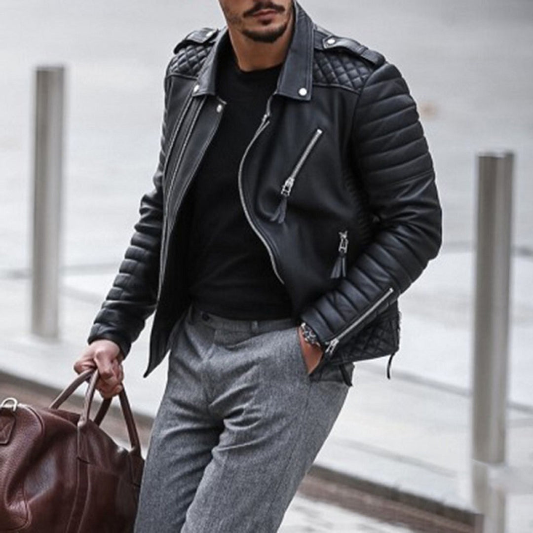 Herren Biker Lederjacke Gepolstert Steppoptik Reißverschluss Stylisch Komfortabel 4