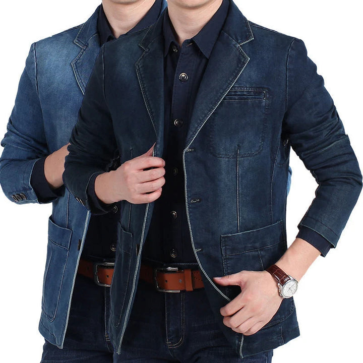 Herren Jeansblazer im schmalen Schnitt mit Used-Effekt und Taschen 1