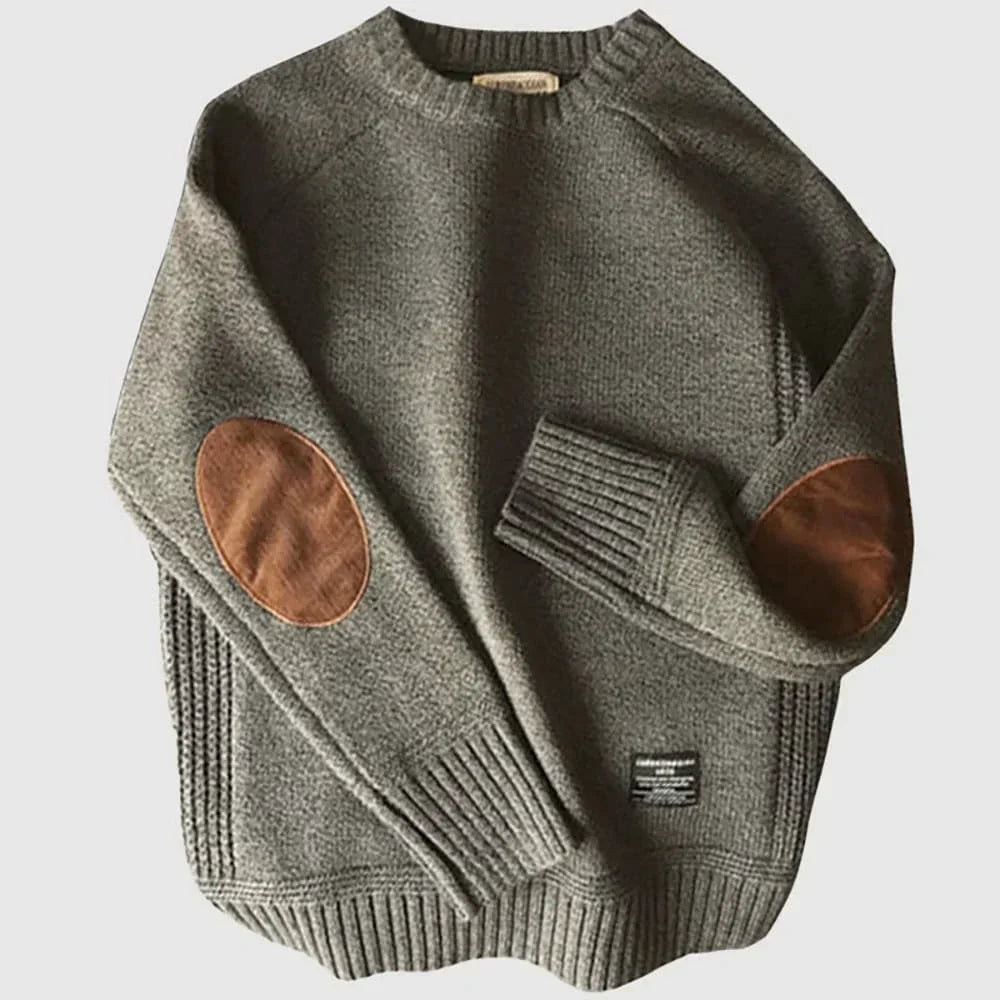 Herren Klassischer Strickpullover mit Ellbogenpatches Warmer Winterpullover 1