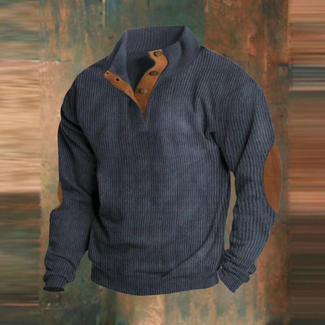 Herren Lässiger Gerippter Pullover mit Knopfleiste am Kragen Komfortabler Strickpullover 1
