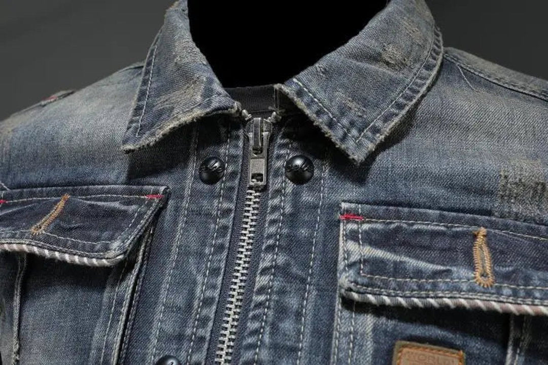 Herren Retro Denimjacke Vintage Look Reißverschluss Jeansjacke Lässig 4
