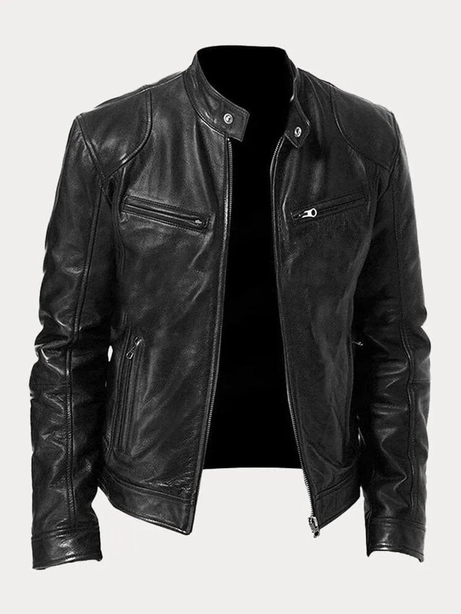 Herren Slim-Fit Bikerjacke mit Stehkragen und Reißverschluss, gesteppte Kunstlederjacke 0