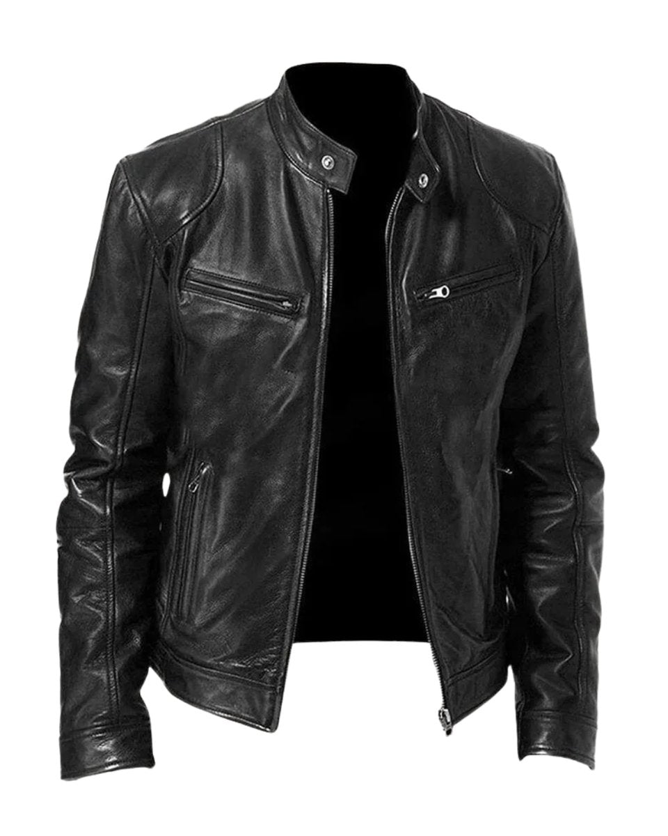 Herren Slim-Fit Bikerjacke mit Stehkragen und Reißverschluss, gesteppte Kunstlederjacke 1