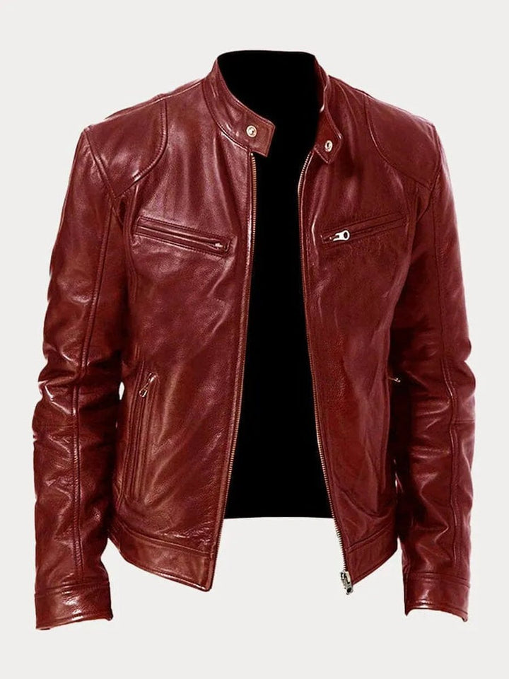 Herren Slim-Fit Bikerjacke mit Stehkragen und Reißverschluss, gesteppte Kunstlederjacke 10
