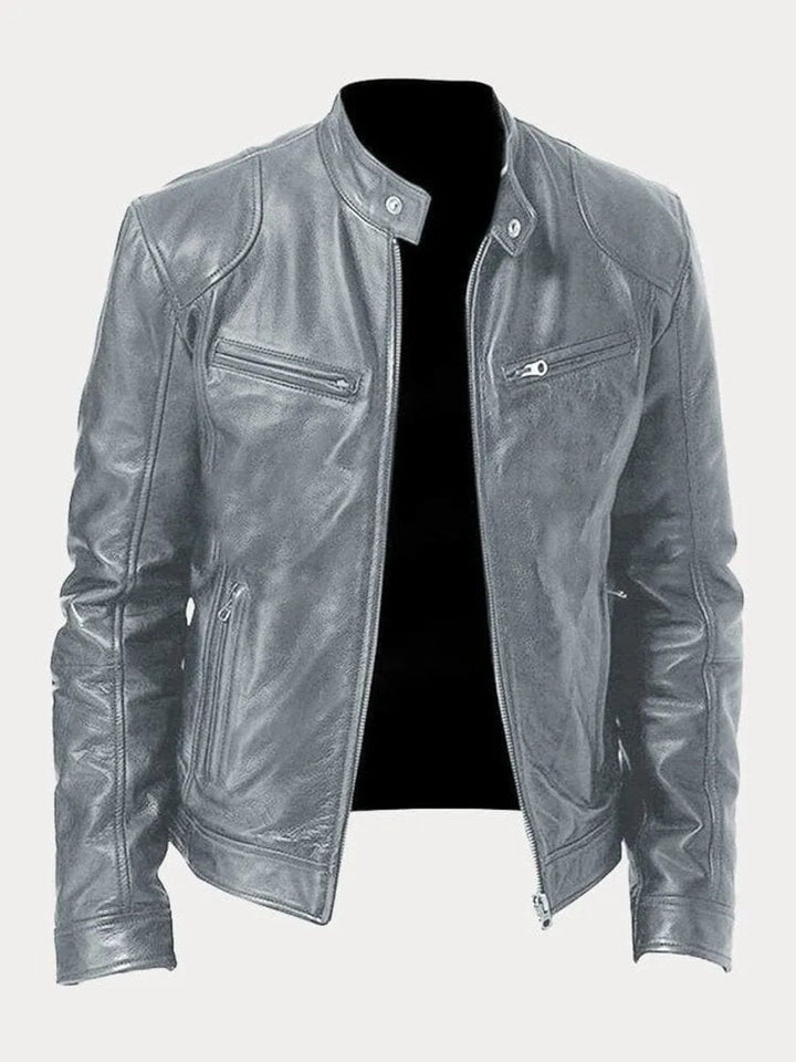 Herren Slim-Fit Bikerjacke mit Stehkragen und Reißverschluss, gesteppte Kunstlederjacke 11