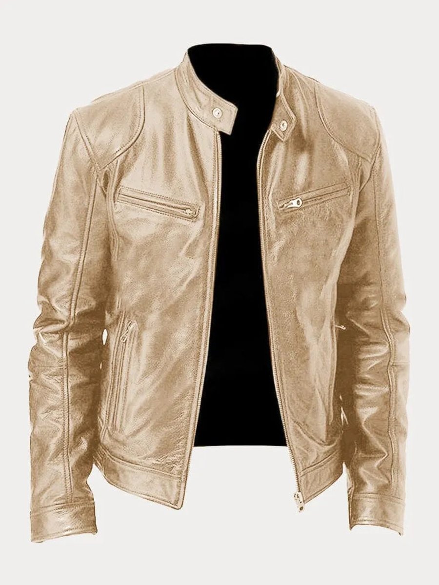 Herren Slim-Fit Bikerjacke mit Stehkragen und Reißverschluss, gesteppte Kunstlederjacke 12