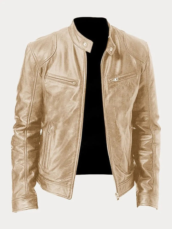 Herren Slim-Fit Bikerjacke mit Stehkragen und Reißverschluss, gesteppte Kunstlederjacke 12