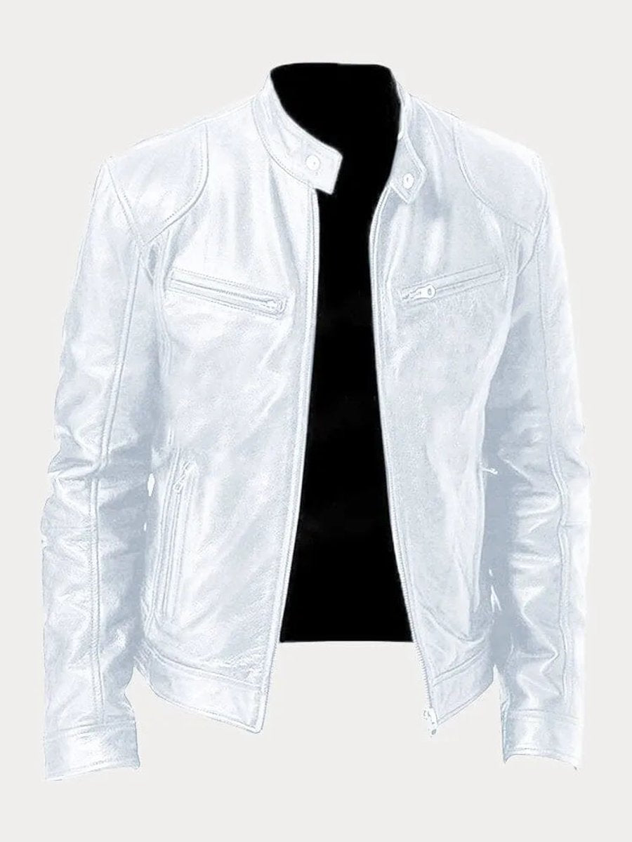 Herren Slim-Fit Bikerjacke mit Stehkragen und Reißverschluss, gesteppte Kunstlederjacke 13