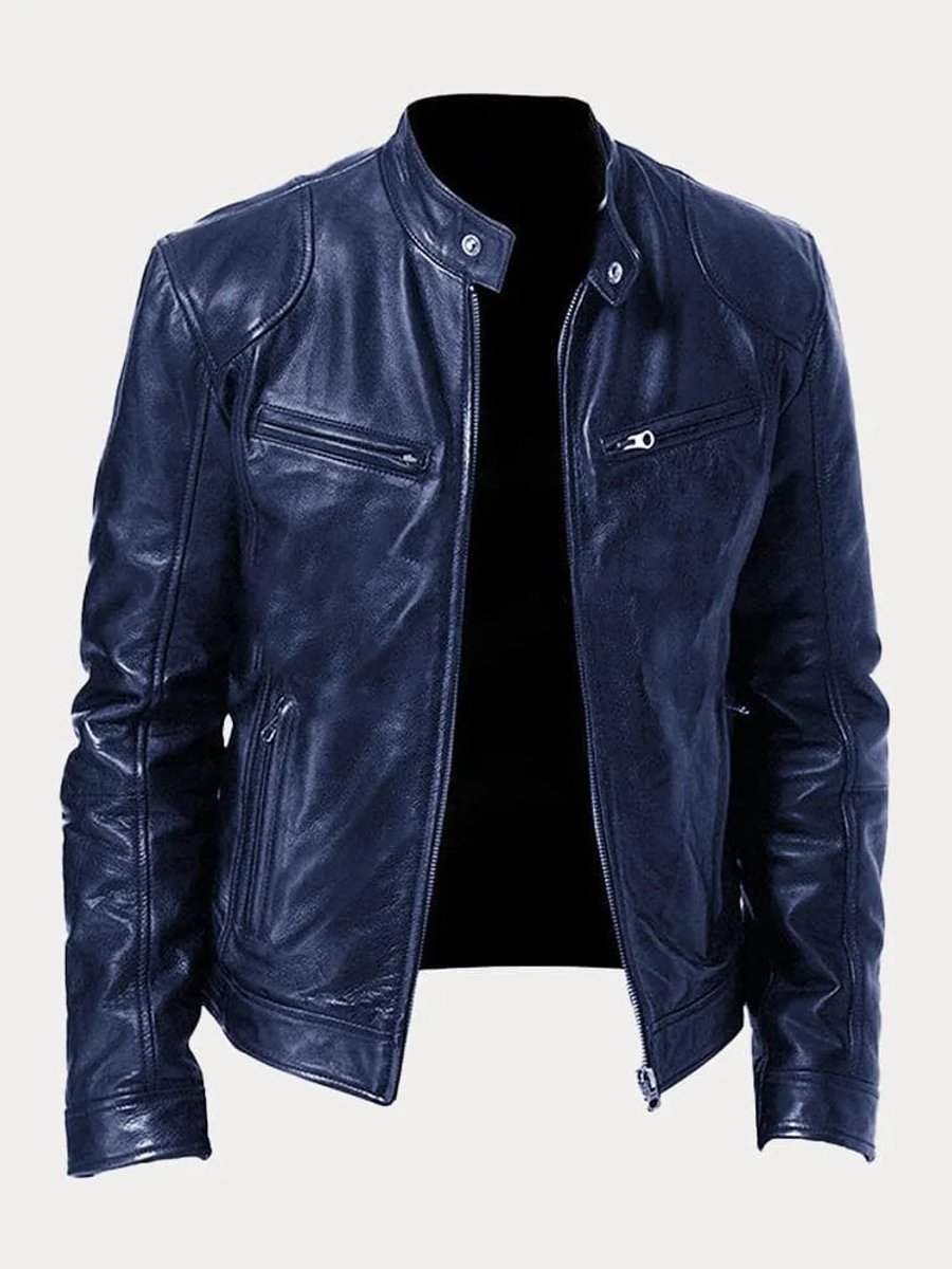 Herren Slim-Fit Bikerjacke mit Stehkragen und Reißverschluss, gesteppte Kunstlederjacke 14