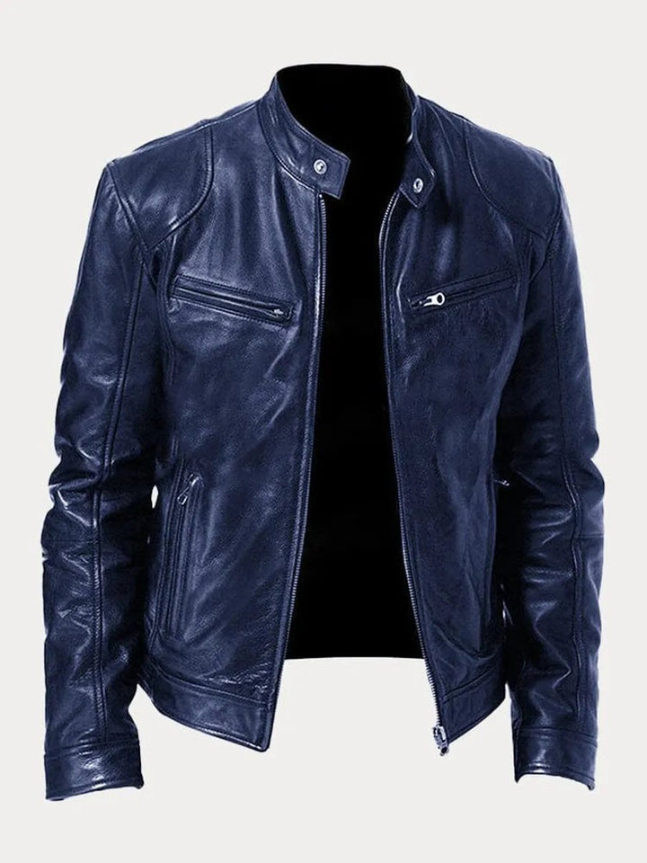 Herren Slim-Fit Bikerjacke mit Stehkragen und Reißverschluss, gesteppte Kunstlederjacke 14