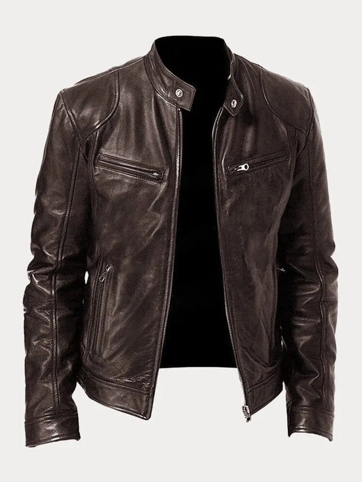 Herren Slim-Fit Bikerjacke mit Stehkragen und Reißverschluss, gesteppte Kunstlederjacke 2