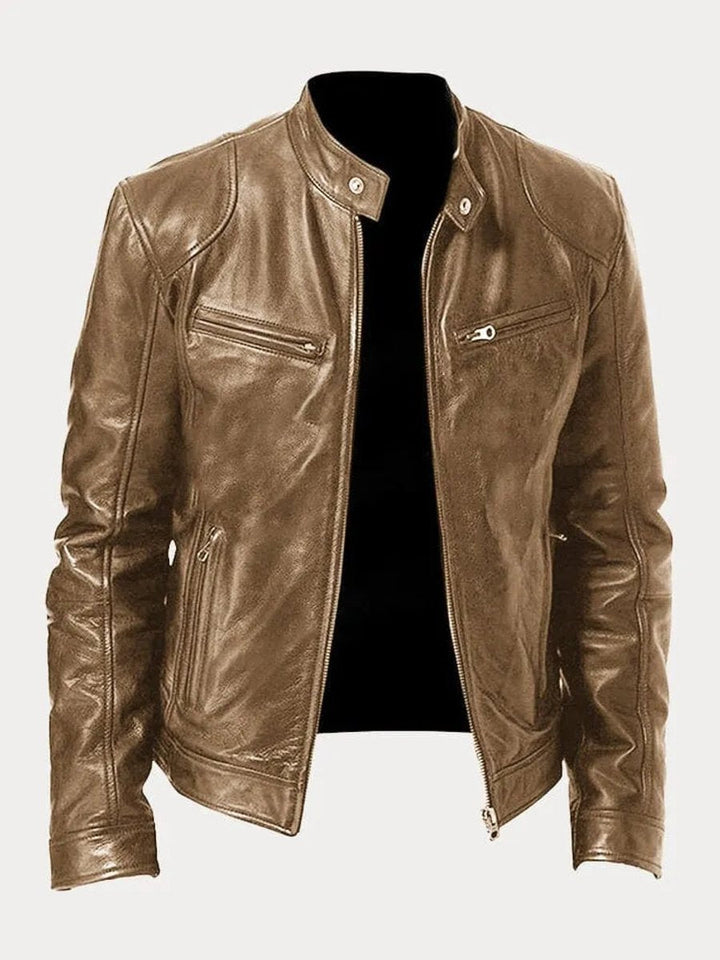 Herren Slim-Fit Bikerjacke mit Stehkragen und Reißverschluss, gesteppte Kunstlederjacke 5