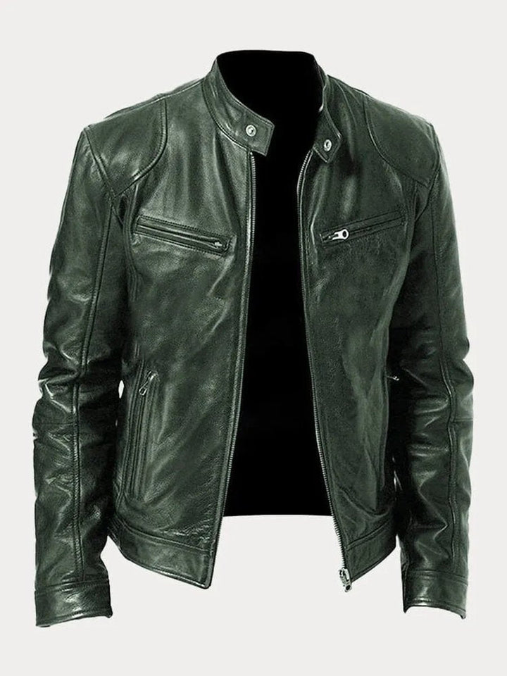 Herren Slim-Fit Bikerjacke mit Stehkragen und Reißverschluss, gesteppte Kunstlederjacke 7