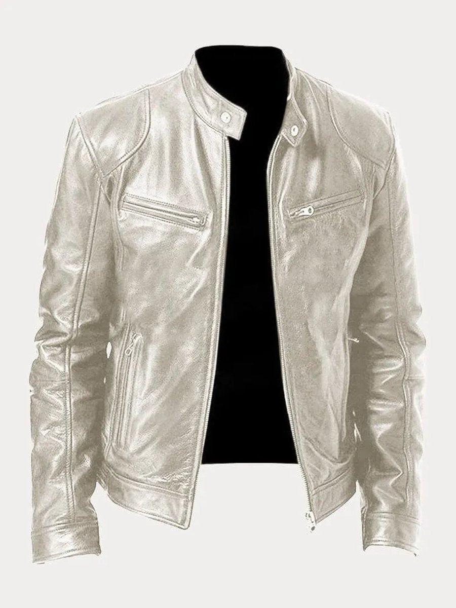 Herren Slim-Fit Bikerjacke mit Stehkragen und Reißverschluss, gesteppte Kunstlederjacke 9