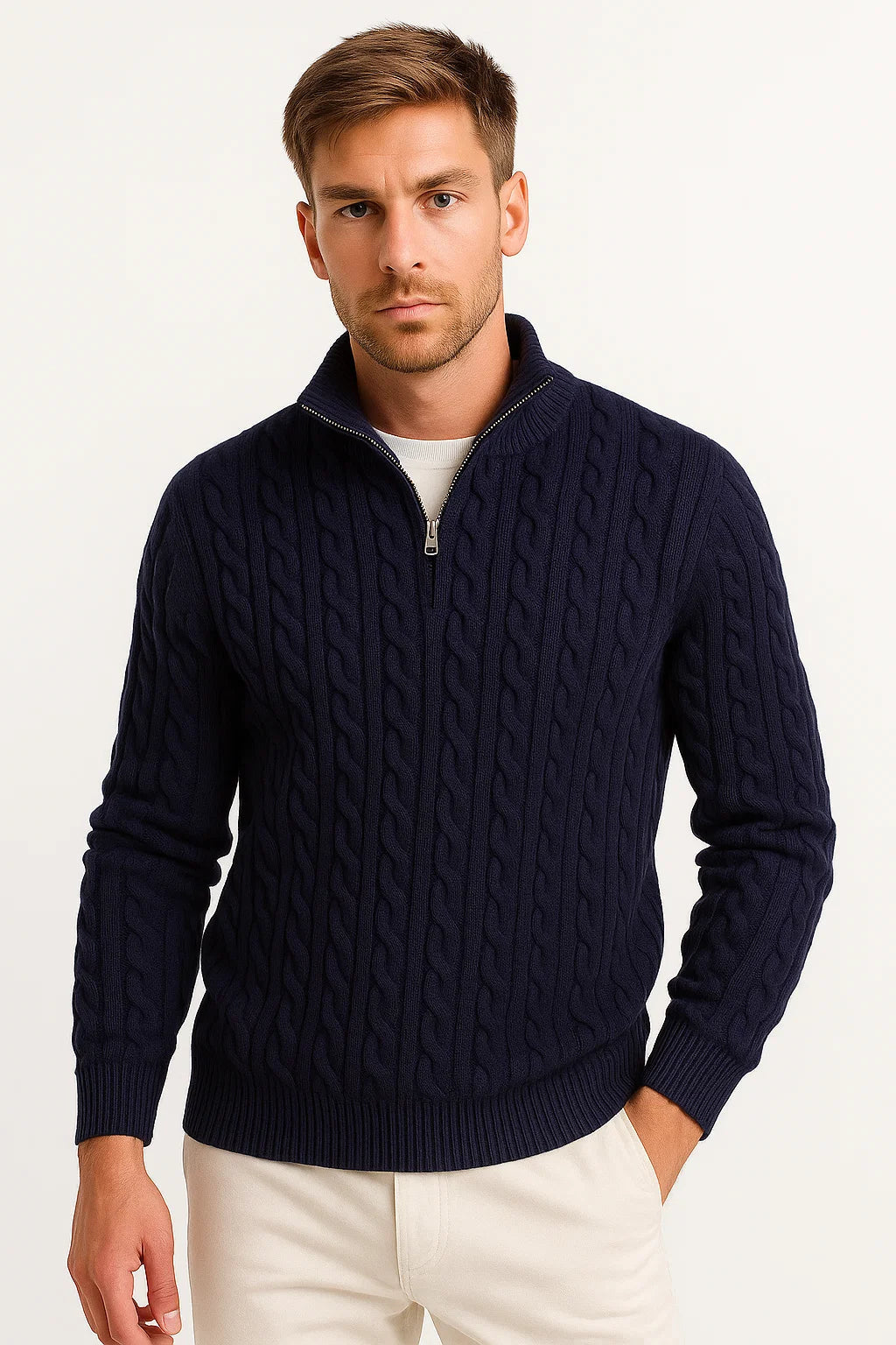 Herren Strickpullover mit Zopfmuster und Reißverschluss am Kragen für Frühling 0