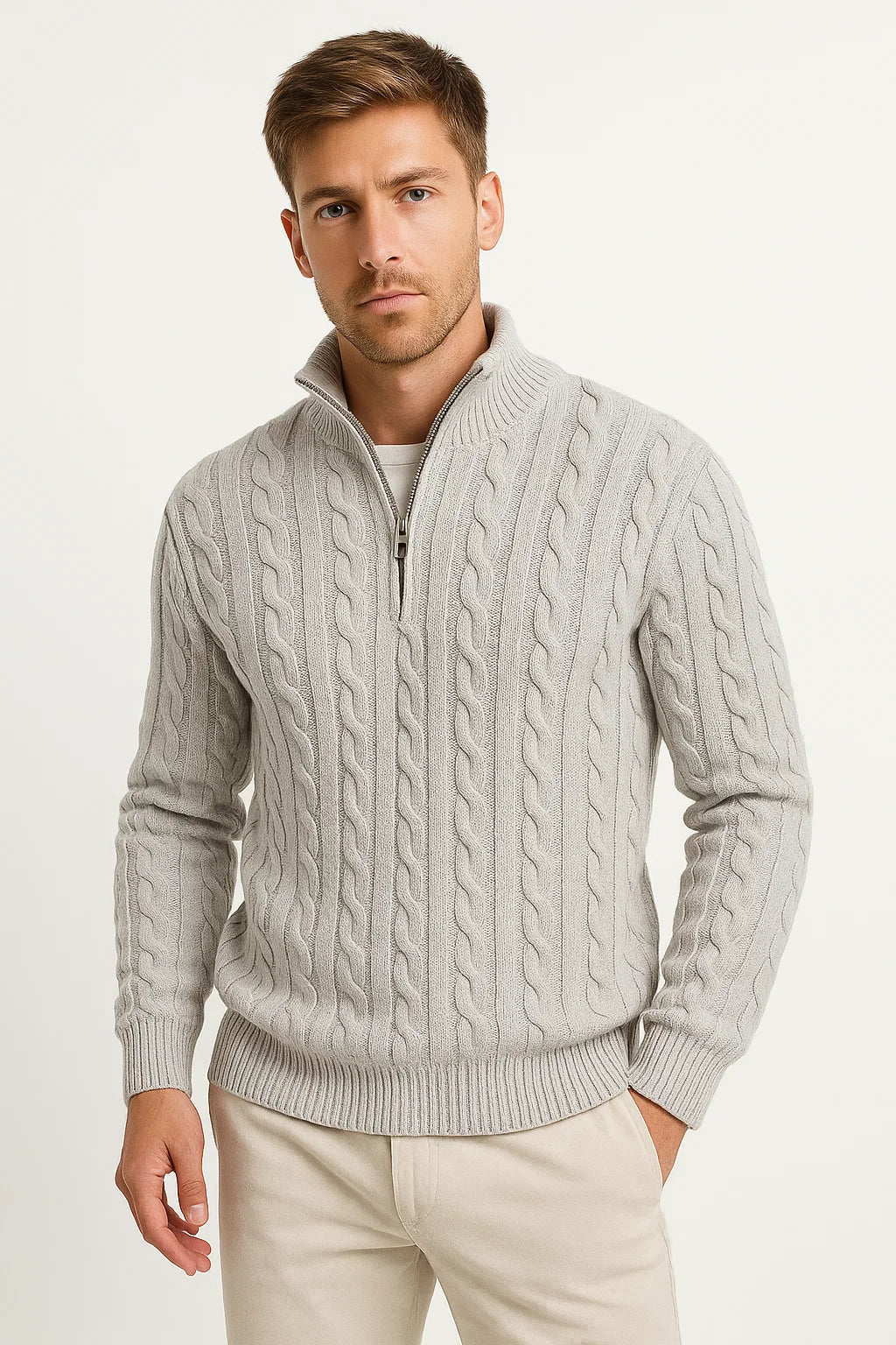 Herren Strickpullover mit Zopfmuster und Reißverschluss am Kragen für Frühling 1
