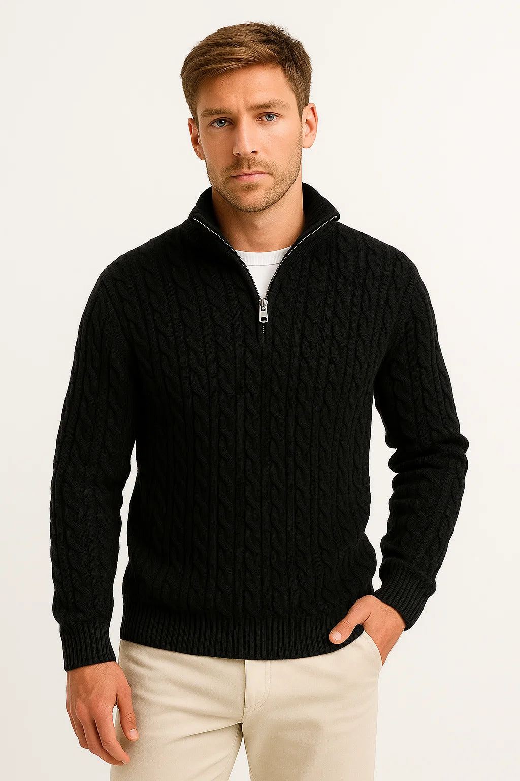 Herren Strickpullover mit Zopfmuster und Reißverschluss am Kragen für Frühling 2