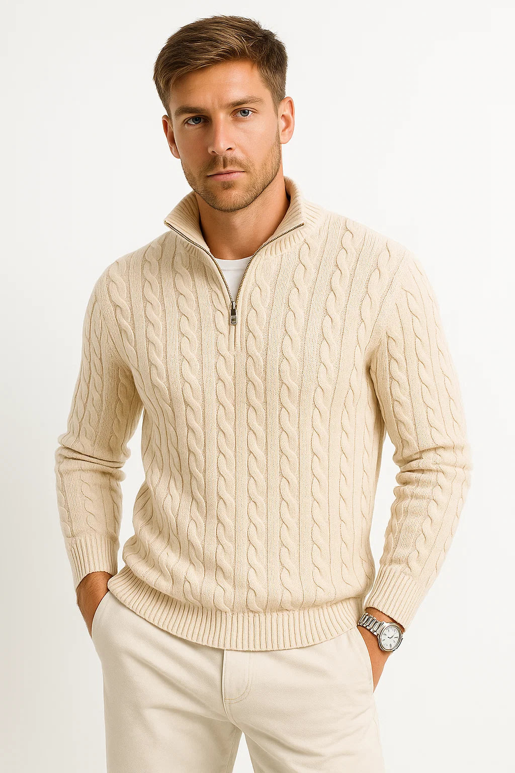Herren Strickpullover mit Zopfmuster und Reißverschluss am Kragen für Frühling 3