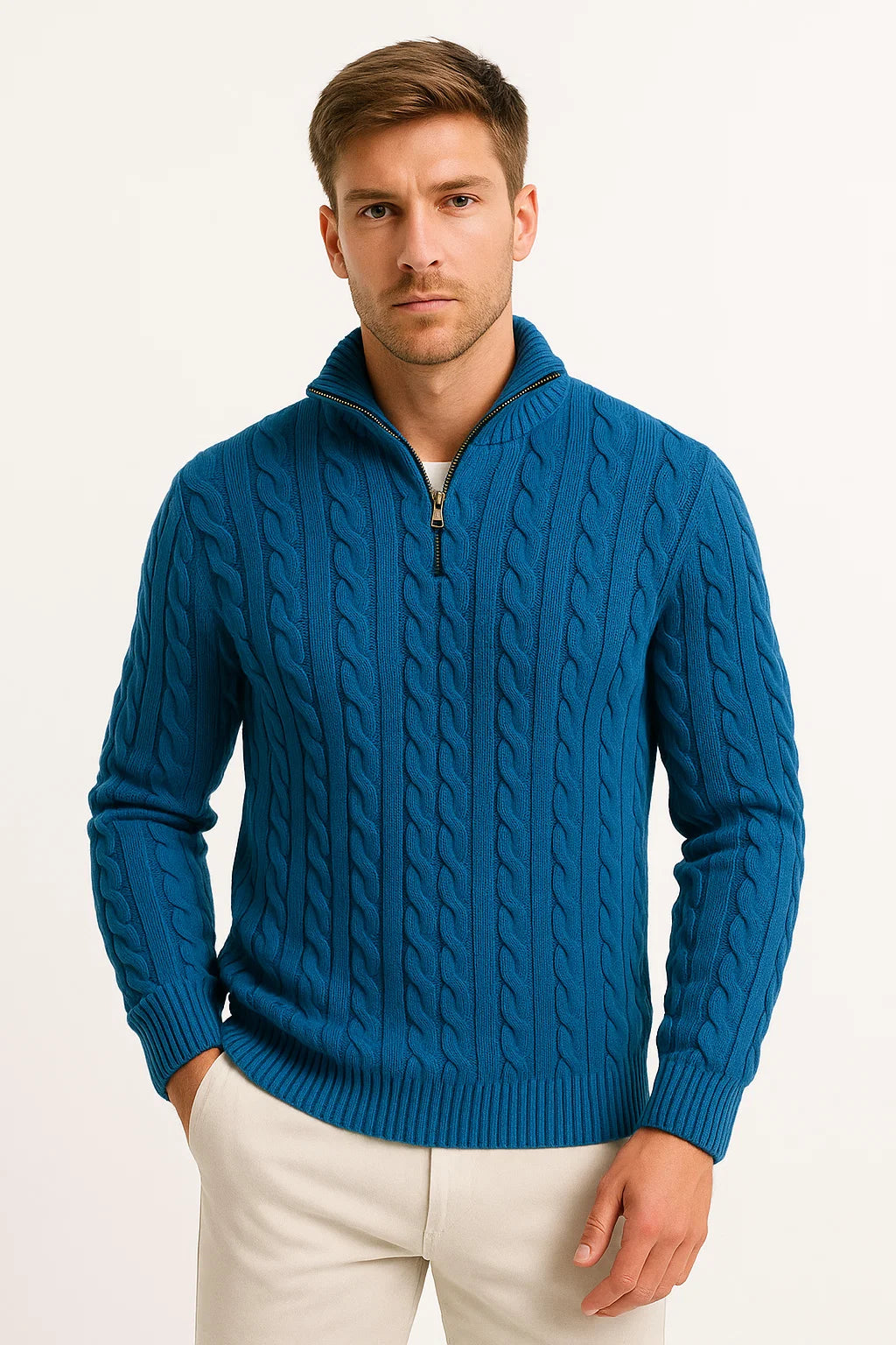 Herren Strickpullover mit Zopfmuster und Reißverschluss am Kragen für Frühling 5