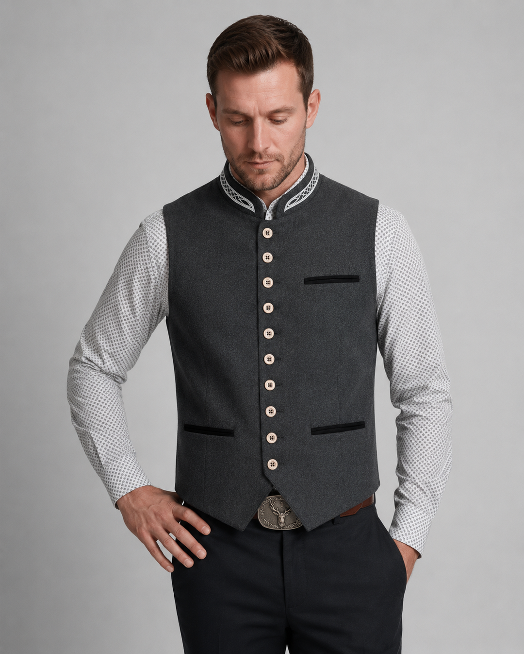Herren Trachtenweste Grau Traditionell Modern Festlich Elegante Weste 0