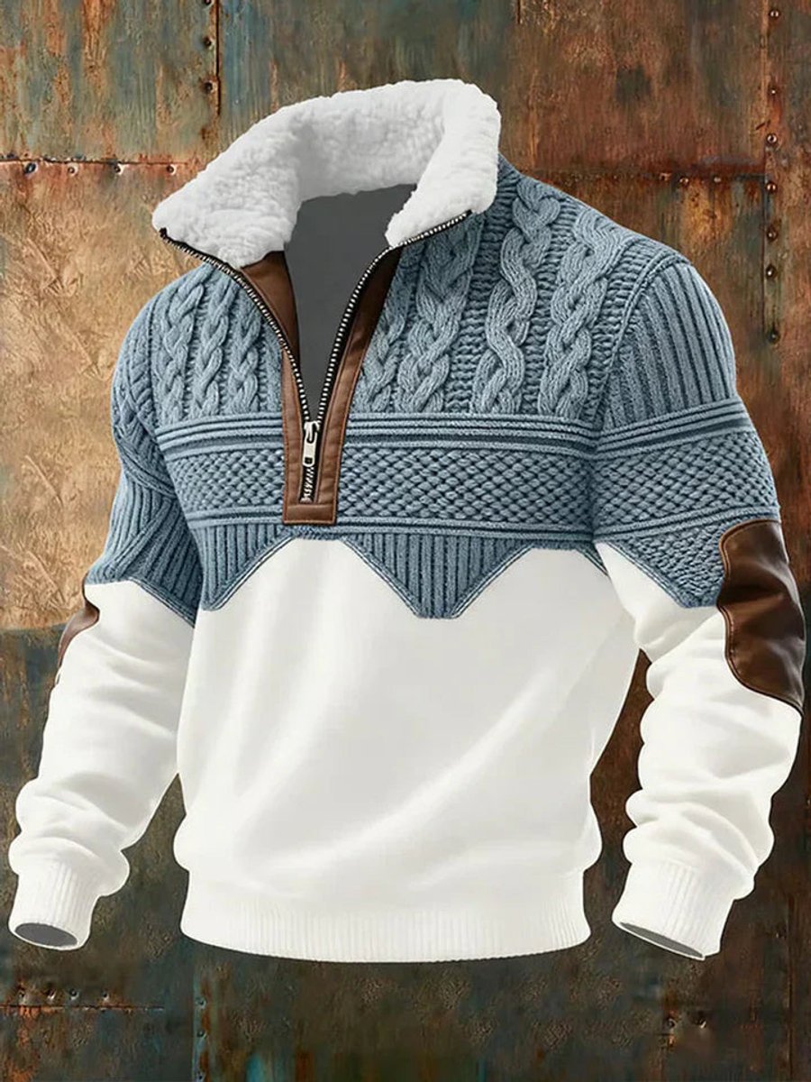 Herrenpullover Farbblock mit Fleecekragen und Halb-Reißverschluss für Herbst und Winter – Moderner Strickstil 0