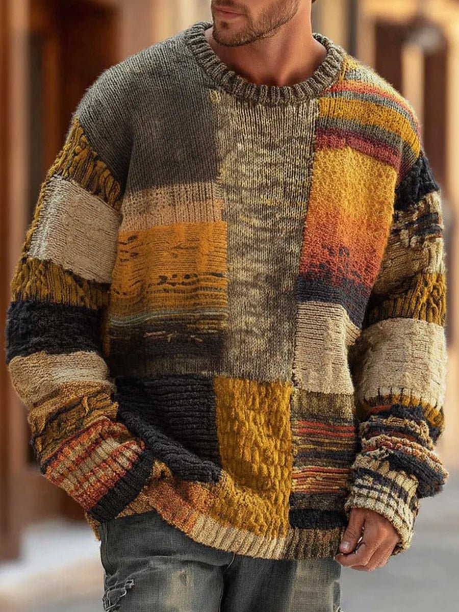 Herrenpullover Patchwork Grobstrick Langarm Rundhals Komfortabel Warm in Erdtönen 0