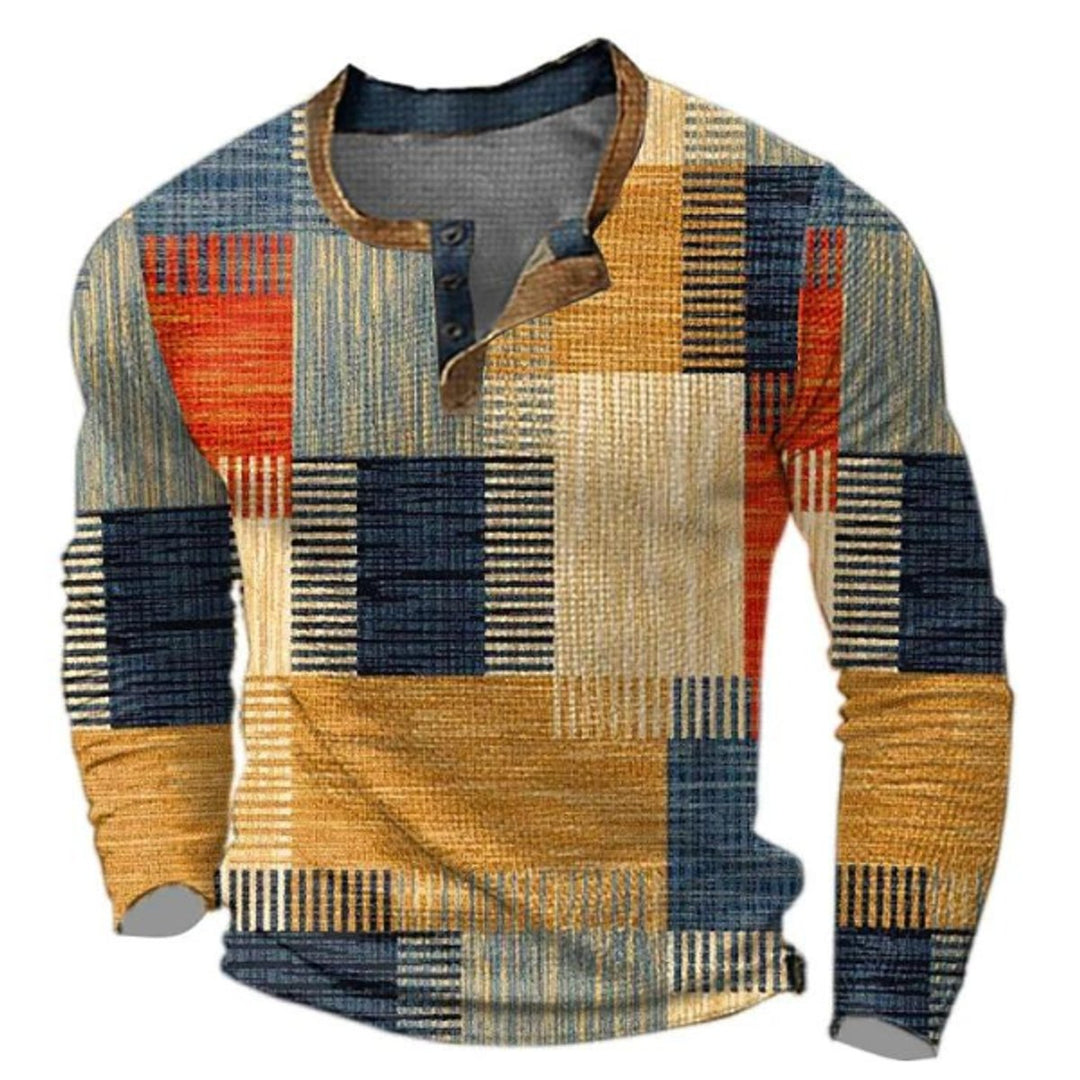 Herrenpullover Retro Colorblock Langarm mit Henley-Kragen – Vintage Strickpullover für Alltag und Freizeit 0