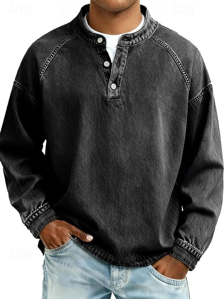 Herrenpullover Retro Henley mit Vintage Used-Look und Raglanärmeln – Bequemer Stil für Alltag und Freizeit 1